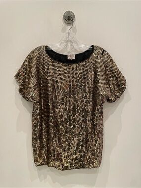 Gold Sequin Short Sleeve Party Top 100% silk